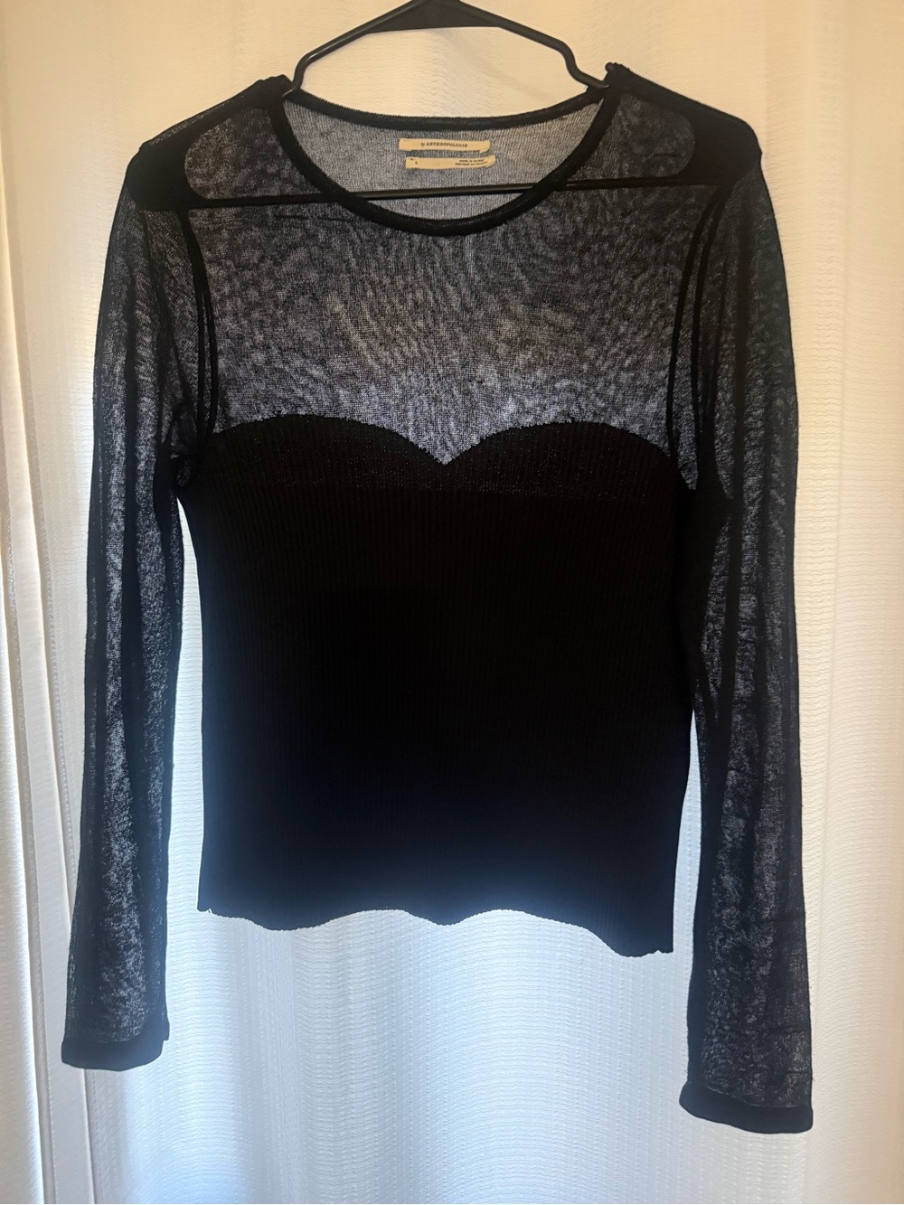 Sheer Black Long-Sleeve Mesh Top with Bustier Detail Anthropologie